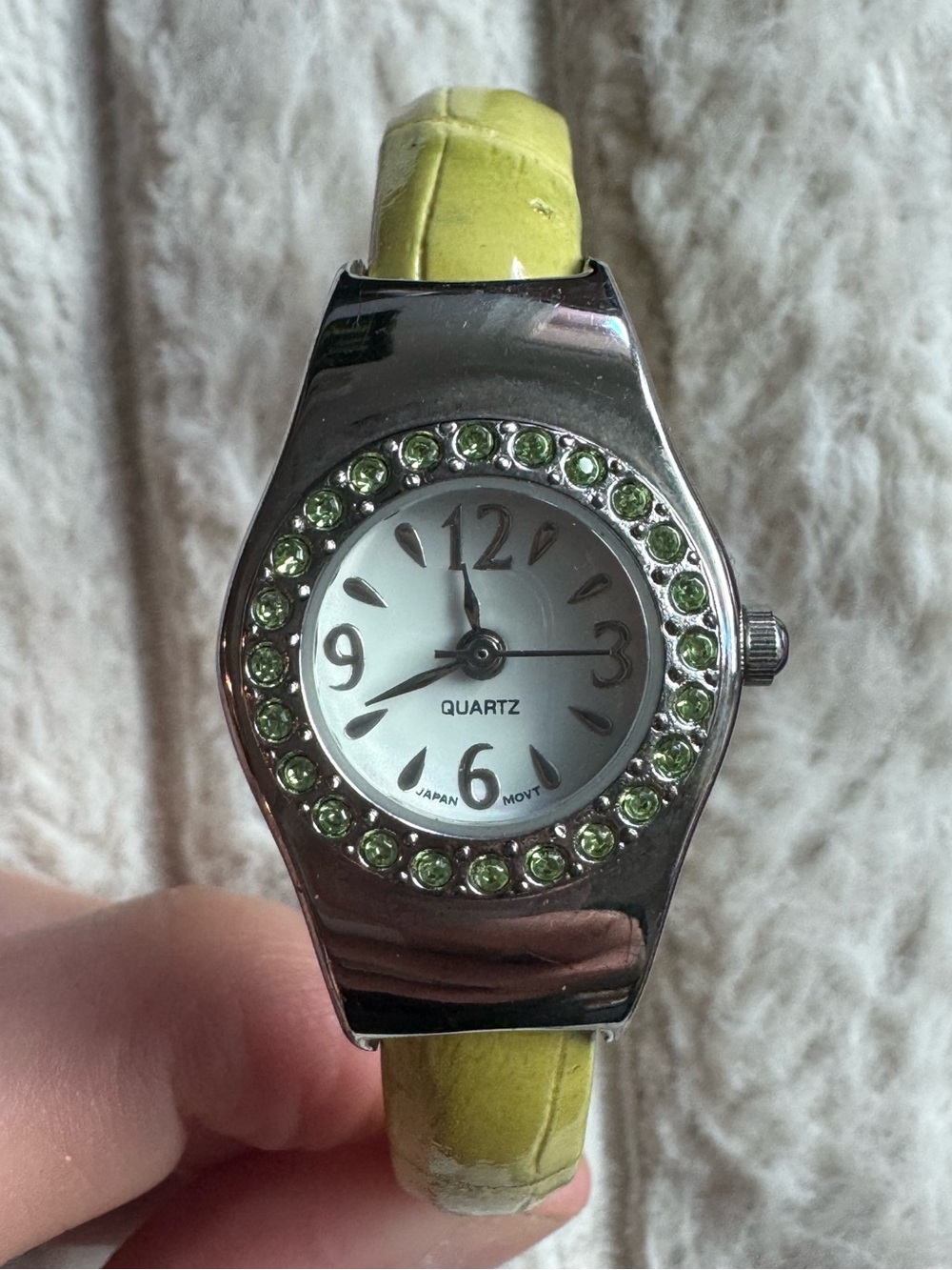 Vintage Lime Green Rhinestone Cuff Bangle Watch Faux Croc Embossed Japan Movt